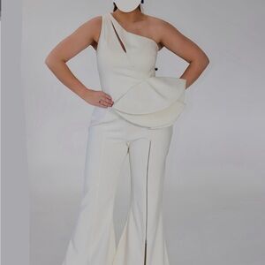 Jovani Ivory One-Shoulder Peplum Jumpsuit